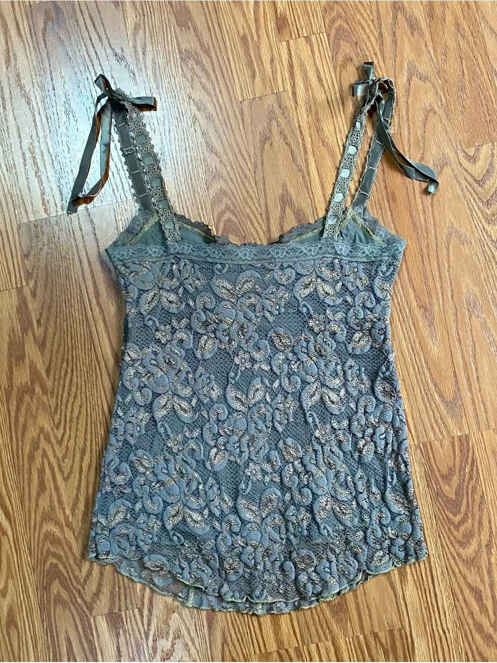 Deadstock 90s/Y2k Ann Ferriday Lace Ribbon Detail Cami Tank Top - Olive Green - Picture 2 of 10